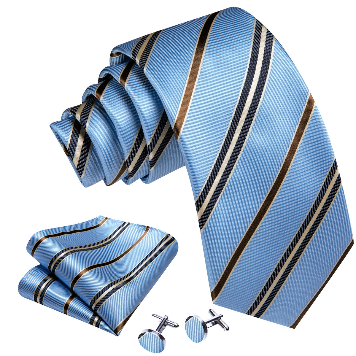 Blue, Brown and Black Striped Tie, Pocket Square and Cufflinks tie sets - Sophisticated Gentlemen