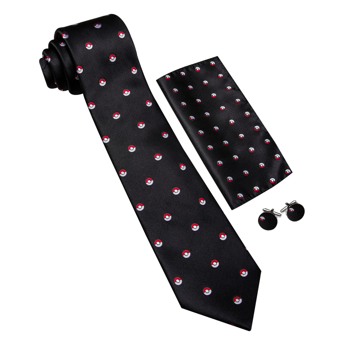 Black Pokemon Pattern Novelty Tie, Pocket Square and Cufflinks Set tie sets - Sophisticated Gentlemen