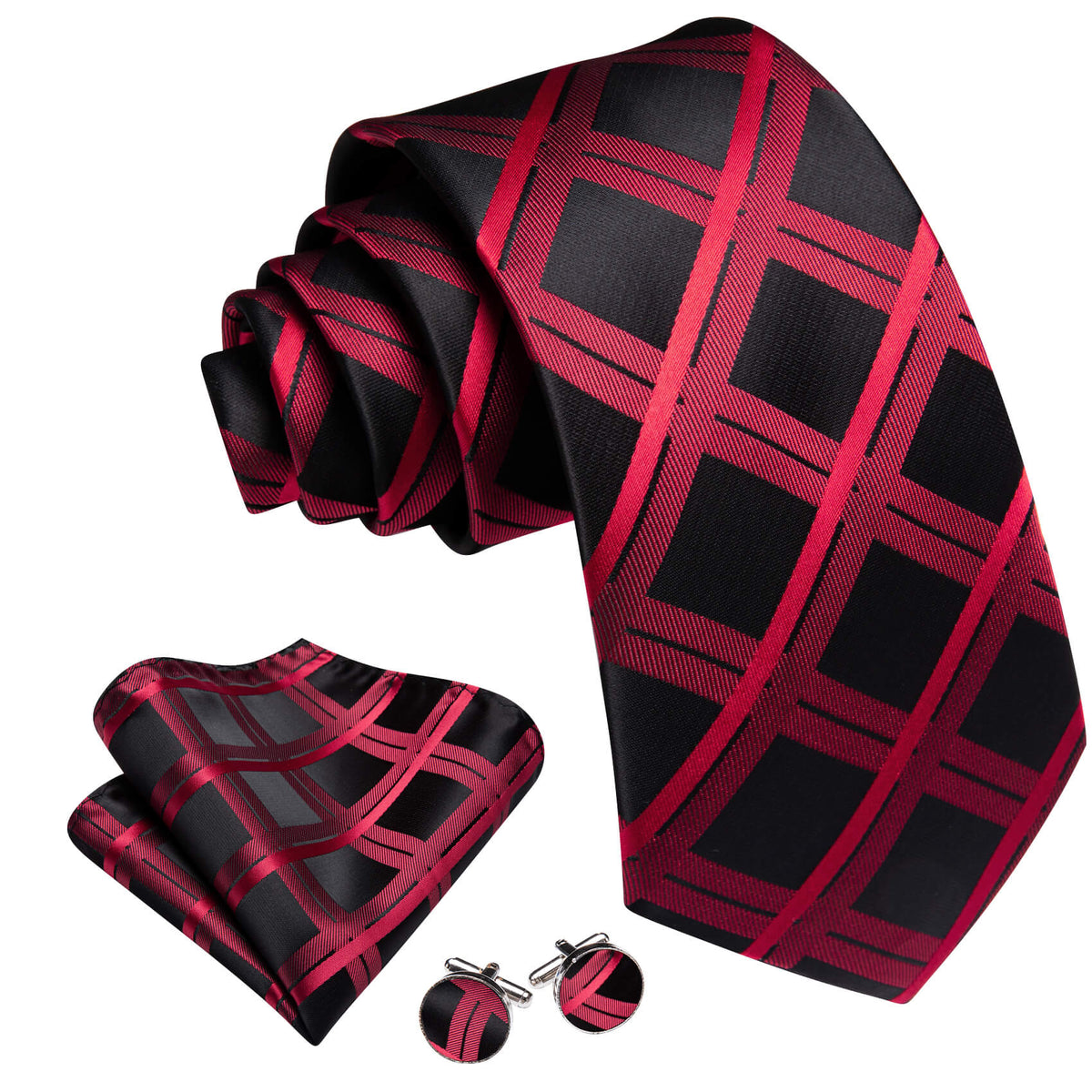 Dark Red Plaid Black Silk Tie, Pocket Square and Cufflinks Set tie sets - Sophisticated Gentlemen