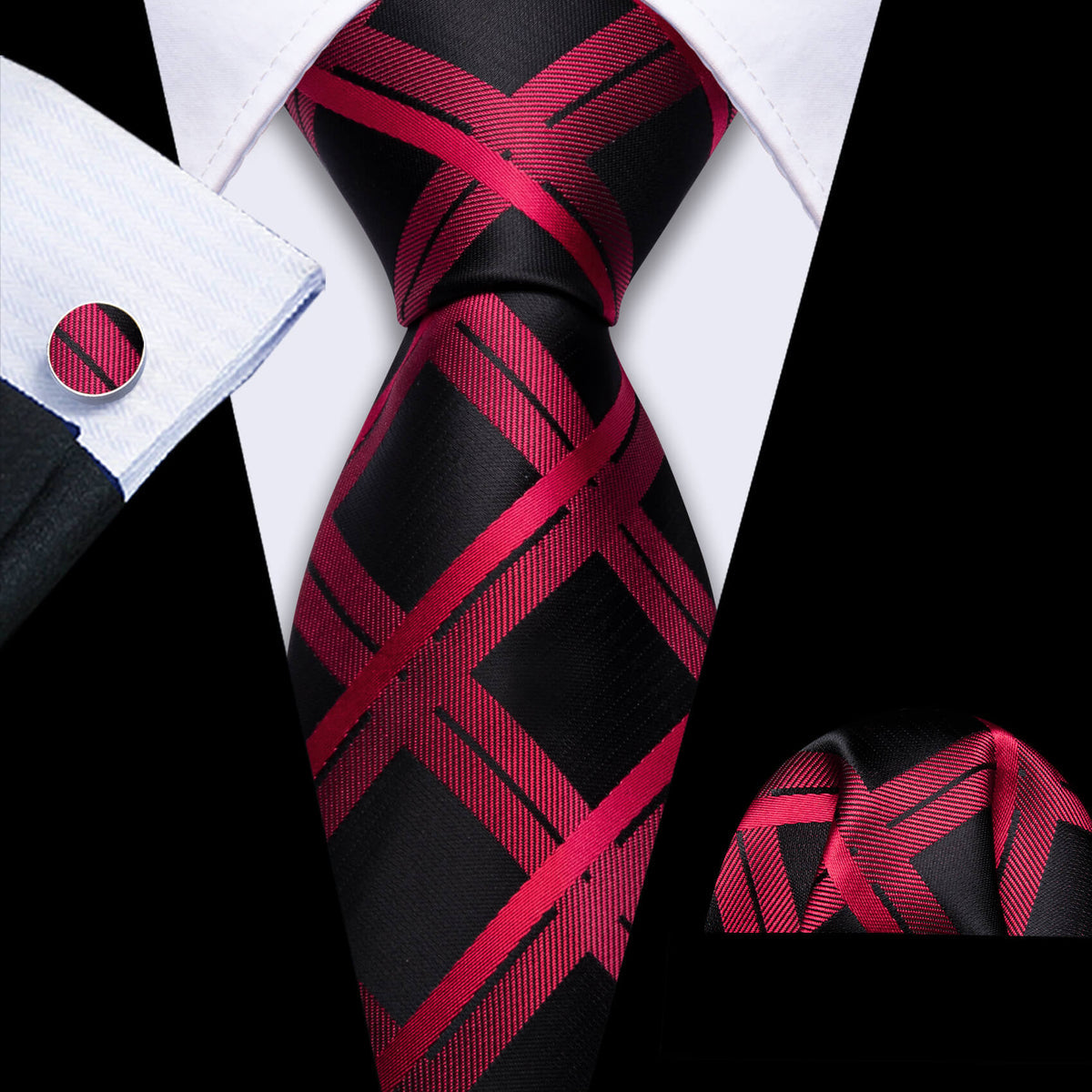 Dark Red Plaid Black Silk Tie, Pocket Square and Cufflinks Set tie sets - Sophisticated Gentlemen