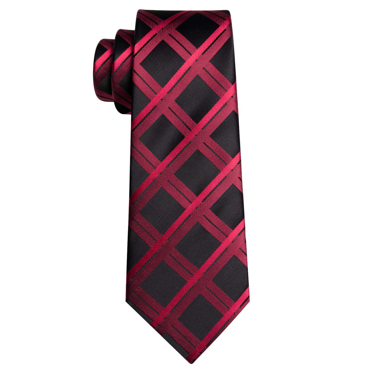 Dark Red Plaid Black Silk Tie, Pocket Square and Cufflinks Set tie sets - Sophisticated Gentlemen