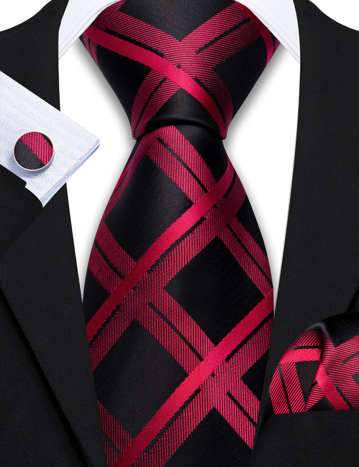 Dark Red Plaid Black Silk Tie, Pocket Square and Cufflinks Set tie sets - Sophisticated Gentlemen
