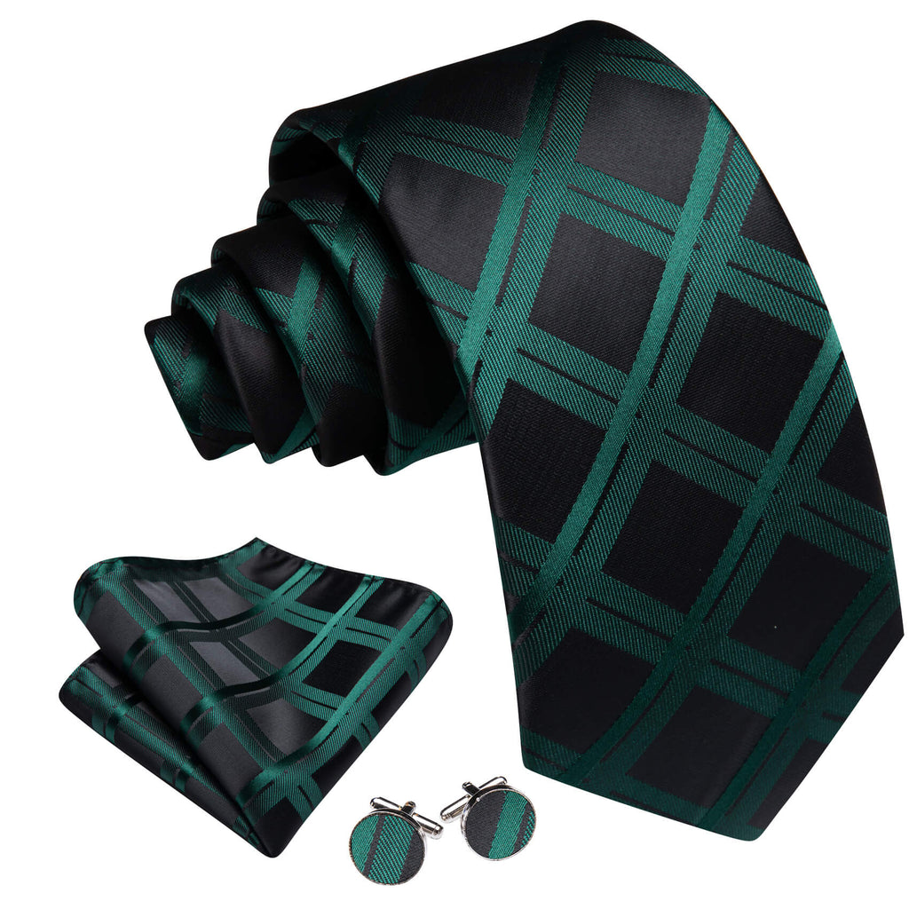 Black Dark Green Plaid Silk Tie, Pocket Square and Cufflinks Set tie sets - Sophisticated Gentlemen