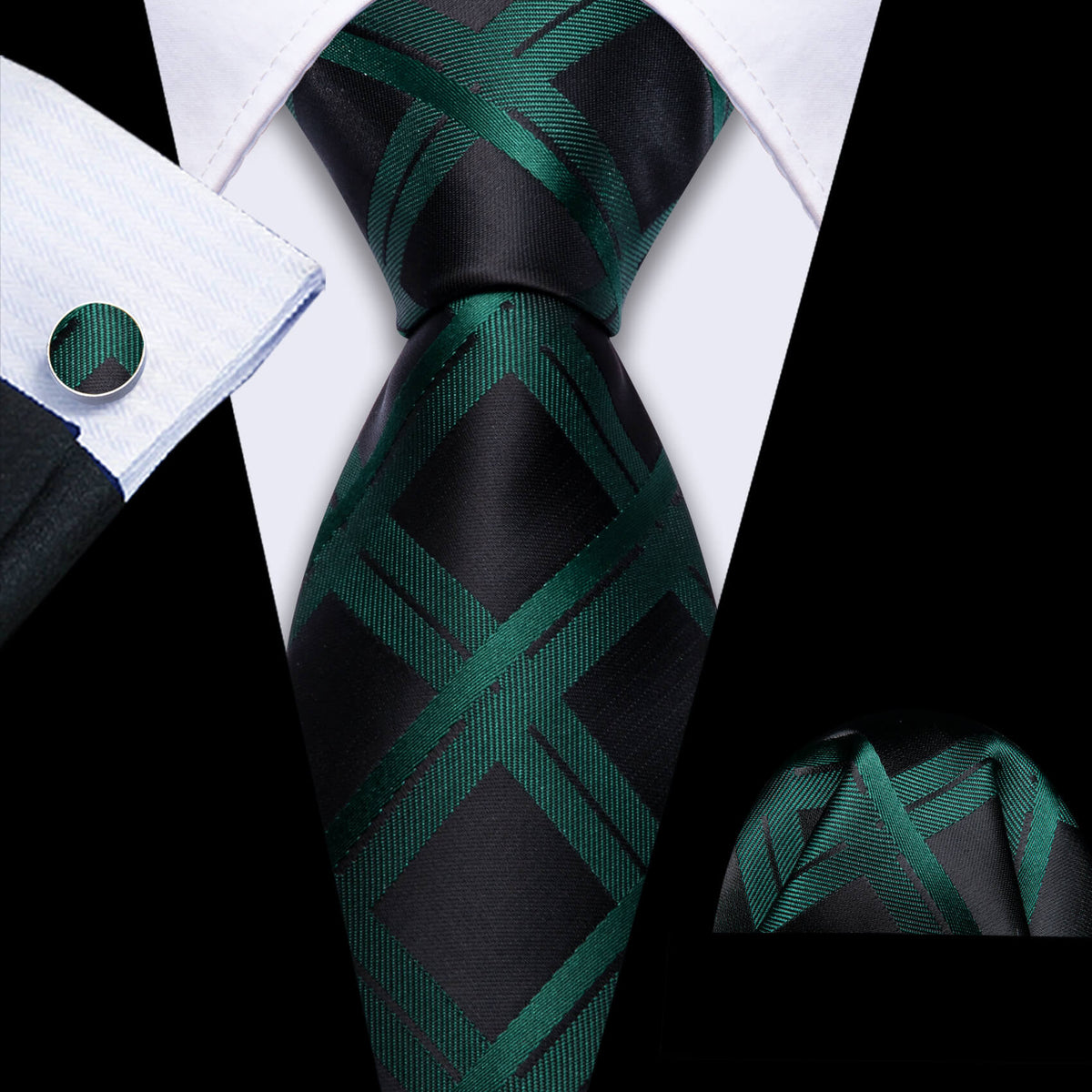 Black Dark Green Plaid Silk Tie, Pocket Square and Cufflinks Set tie sets - Sophisticated Gentlemen