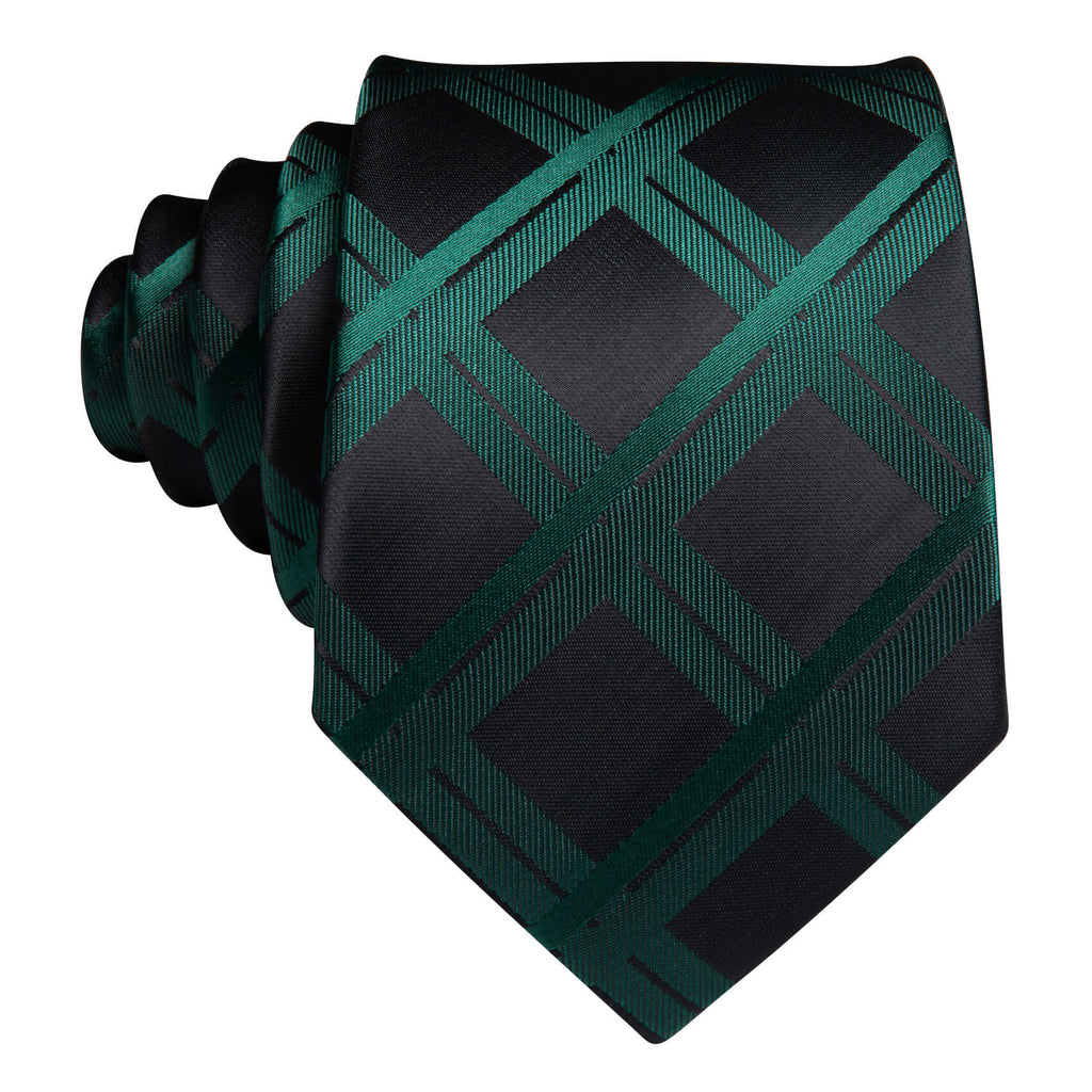 Black Dark Green Plaid Silk Tie, Pocket Square and Cufflinks Set tie sets - Sophisticated Gentlemen