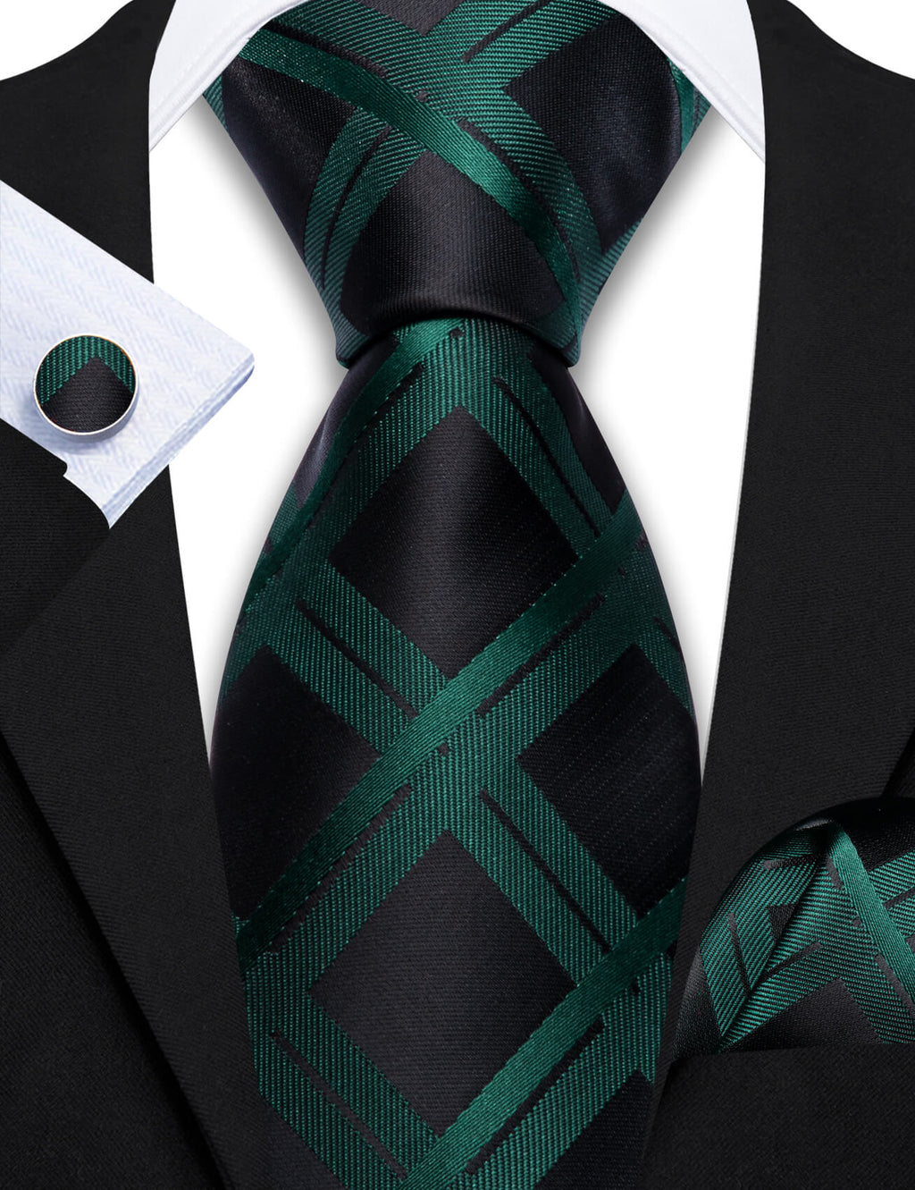 Black Dark Green Plaid Silk Tie, Pocket Square and Cufflinks Set tie sets - Sophisticated Gentlemen
