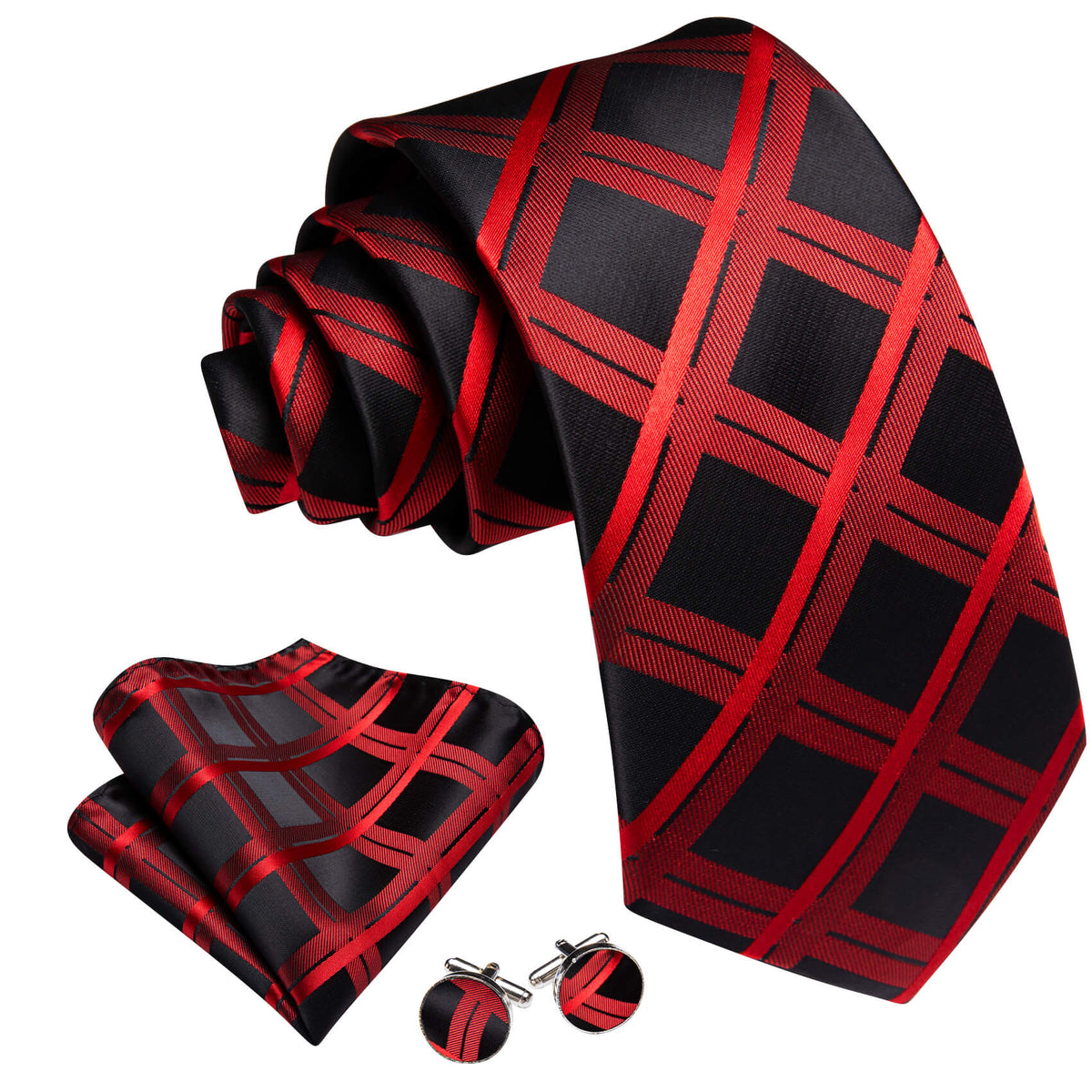 Black Orange Red Plaid Silk Tie, Pocket Square and Cufflinks Set tie sets - Sophisticated Gentlemen