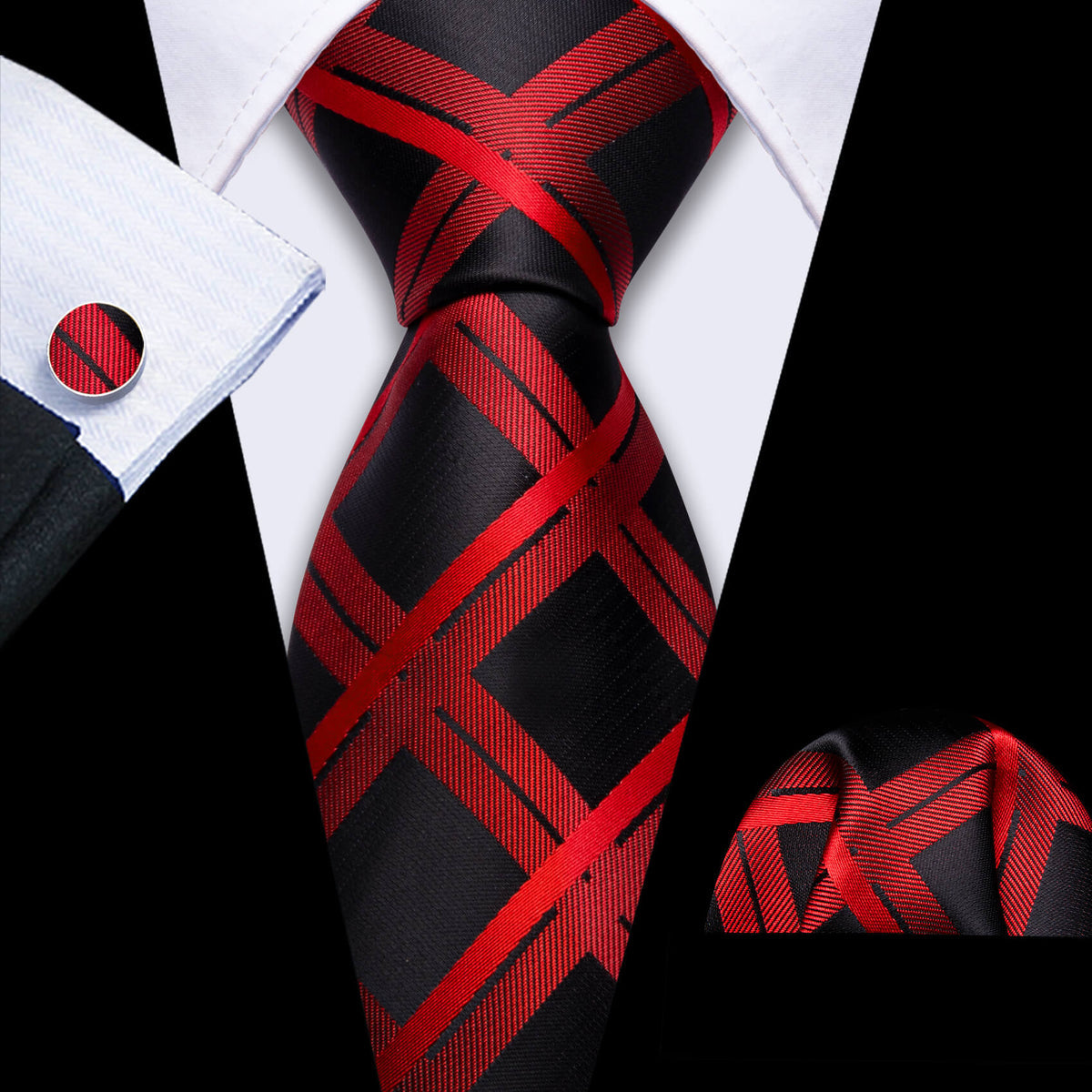 Black Orange Red Plaid Silk Tie, Pocket Square and Cufflinks Set tie sets - Sophisticated Gentlemen