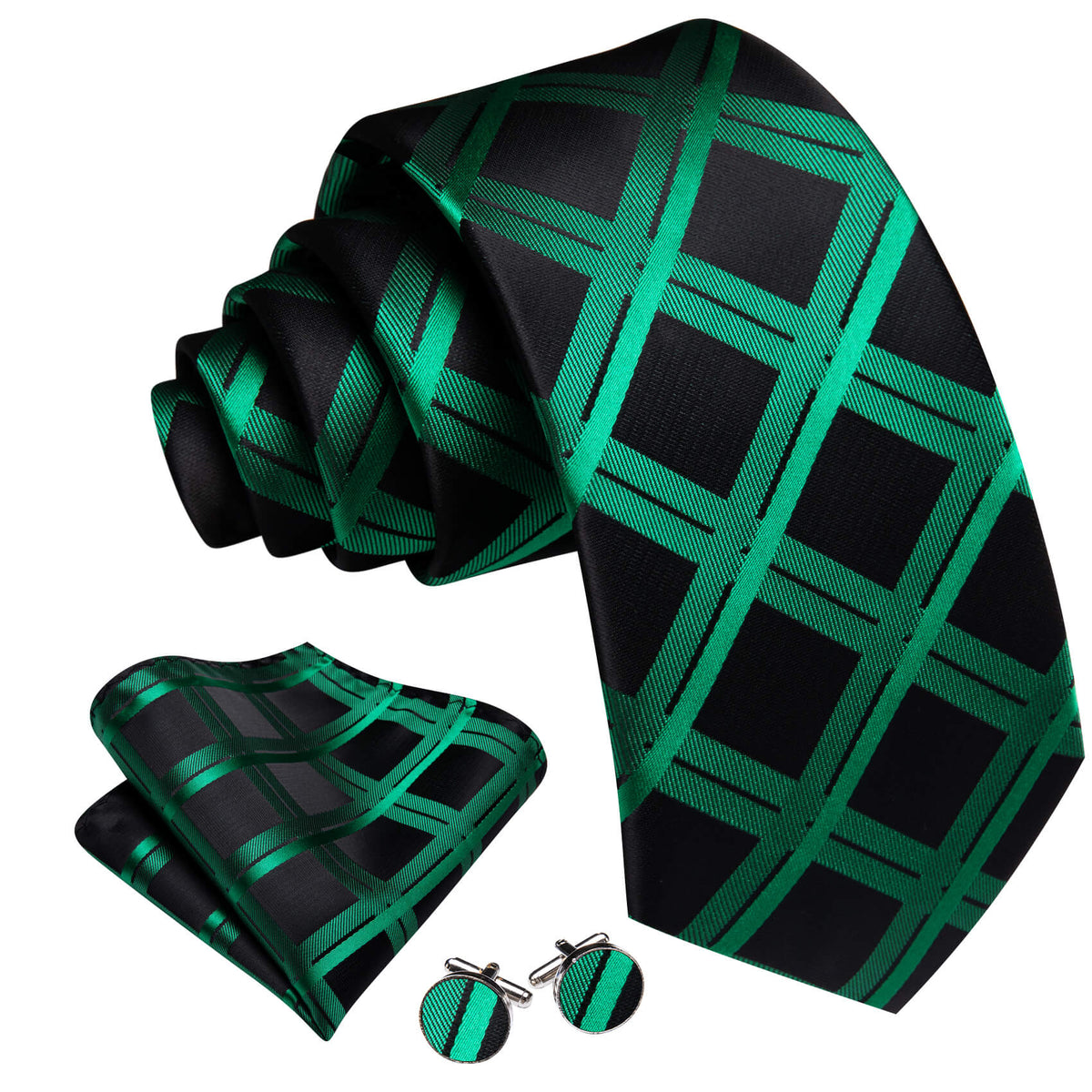 Black Emerald Green Plaid Silk Tie, Pocket Square and Cufflinks Set tie sets - Sophisticated Gentlemen
