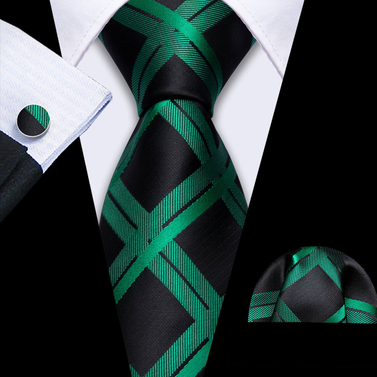 Black Emerald Green Plaid Silk Tie, Pocket Square and Cufflinks Set tie sets - Sophisticated Gentlemen