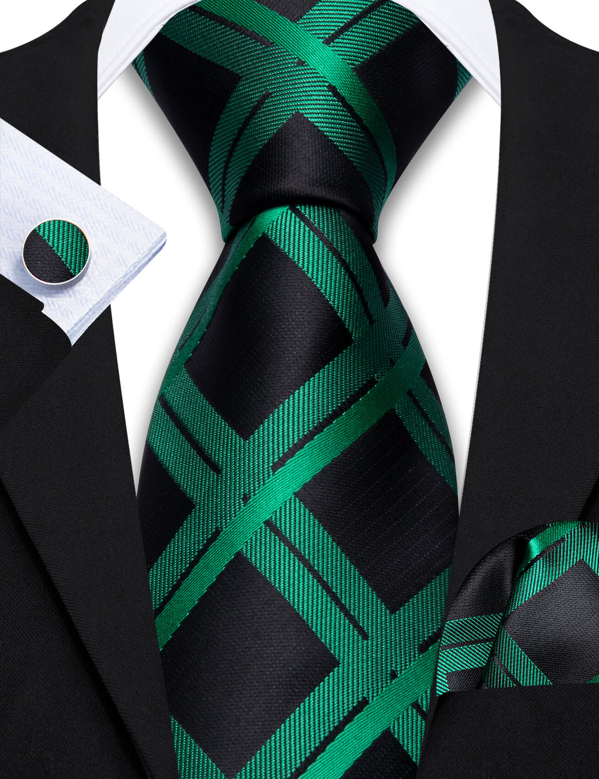 Black Emerald Green Plaid Silk Tie, Pocket Square and Cufflinks Set tie sets - Sophisticated Gentlemen