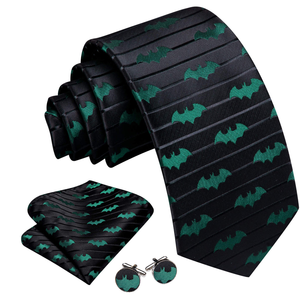 Black & Green Silk Bat Tie Set with Pocket Square and Cufflinks tie sets    - Sophisticated Gentlemen