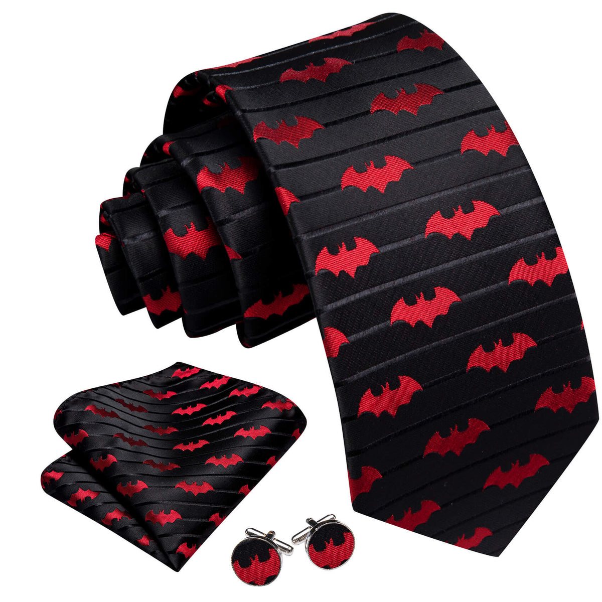 Black & Red Jacquard Bat Silk Tie Set with Pocket Square and Cufflinks tie sets    - Sophisticated Gentlemen