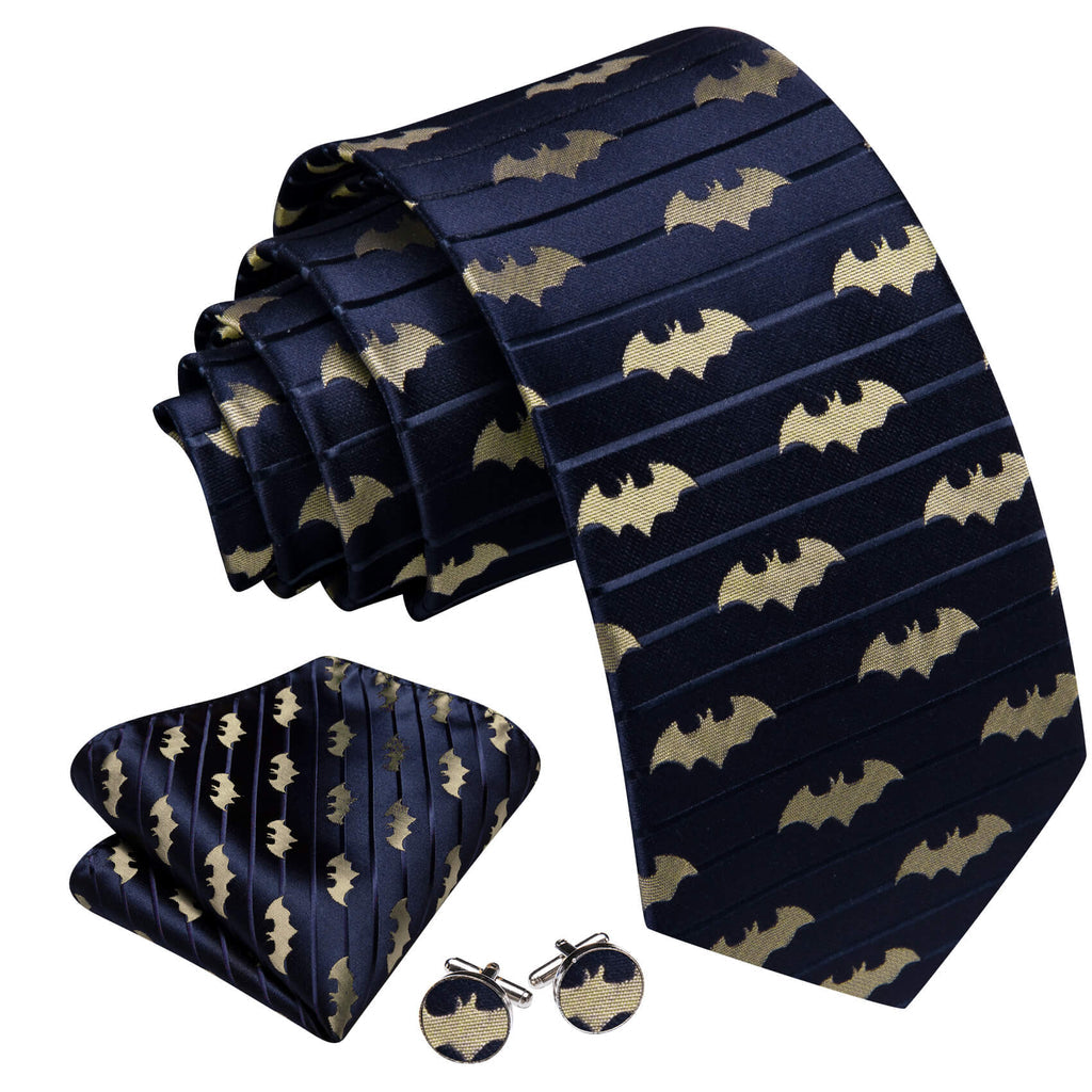 Navy Blue & Yellow Woven Bat Silk Tie Set with Pocket Square and Cufflinks tie sets - Sophisticated Gentlemen