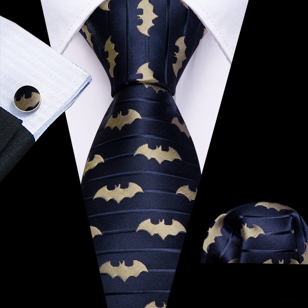 Navy Blue & Yellow Woven Bat Silk Tie Set with Pocket Square and Cufflinks tie sets - Sophisticated Gentlemen