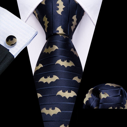 Navy Blue & Yellow Woven Bat Silk Tie Set with Pocket Square and Cufflinks tie sets    - Sophisticated Gentlemen