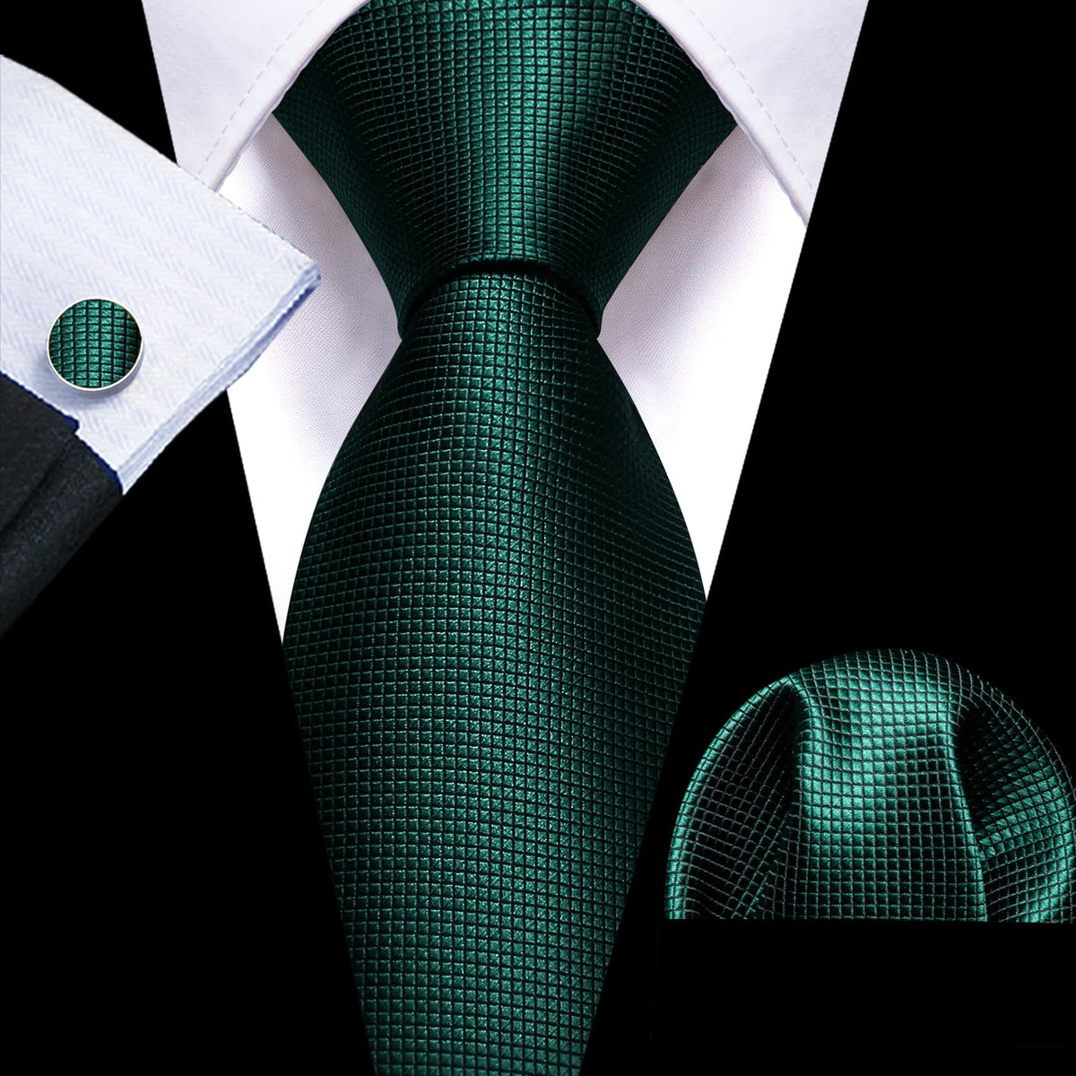 Dark Green Plaid Tie, Pocket Square and Cufflinks Set tie sets - Sophisticated Gentlemen