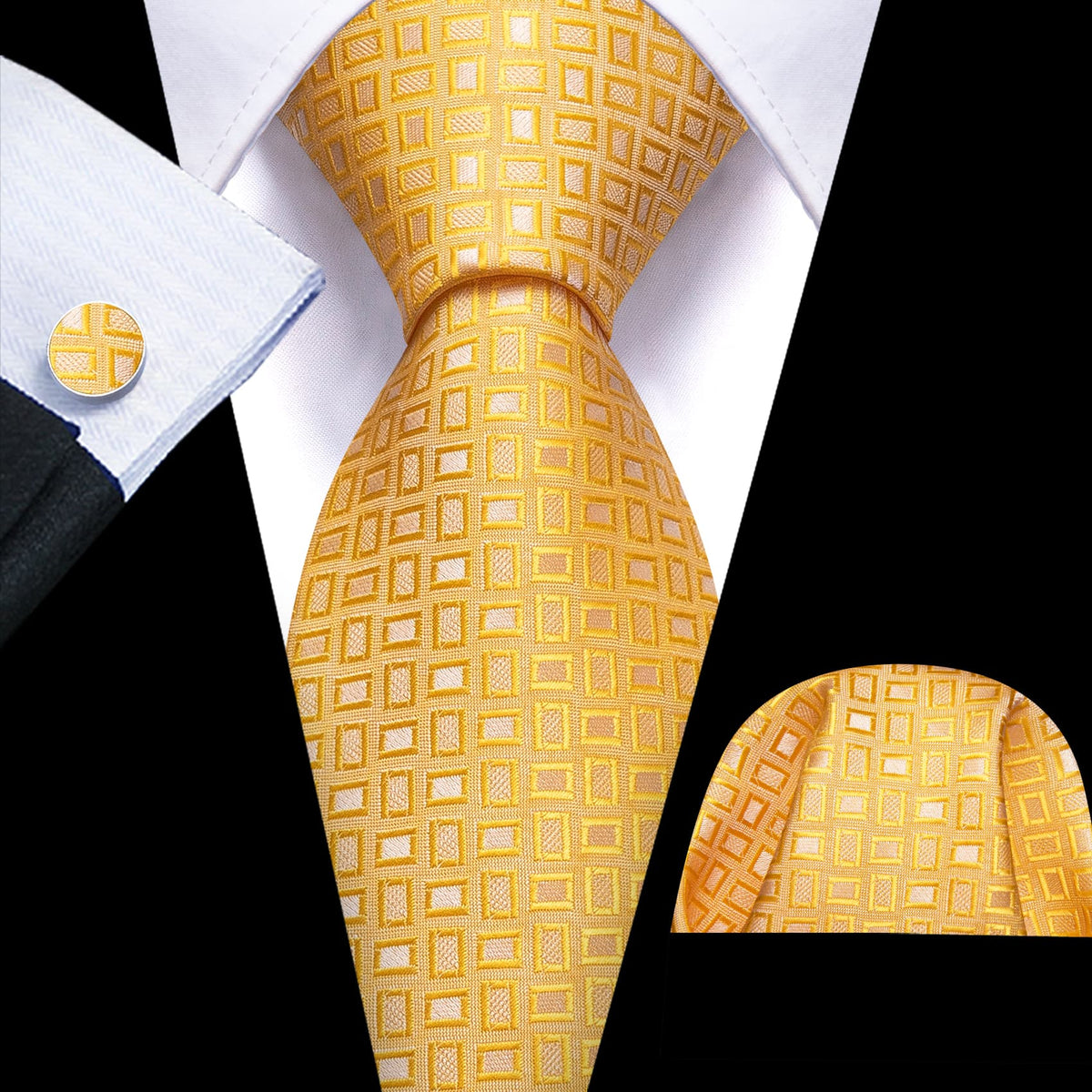 Gold Yellow Plaid Tie, Pocket Square and Cufflinks Set tie sets - Sophisticated Gentlemen