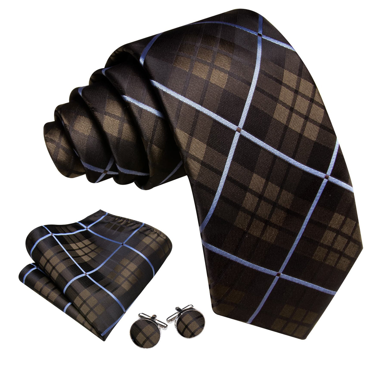 Brown with Blue Line Plaid Handkerchief Tie, Pocket Square and Cufflinks Set tie sets - Sophisticated Gentlemen