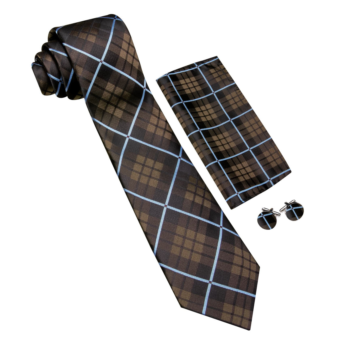 Brown with Blue Line Plaid Handkerchief Tie, Pocket Square and Cufflinks Set tie sets - Sophisticated Gentlemen