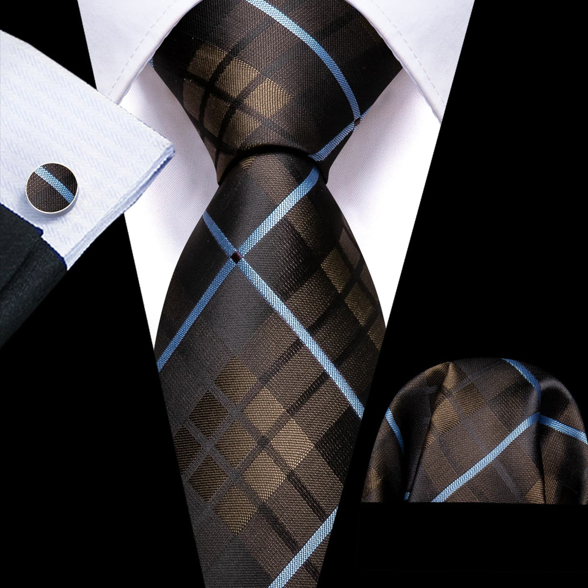 Brown with Blue Line Plaid Handkerchief Tie, Pocket Square and Cufflinks Set tie sets - Sophisticated Gentlemen