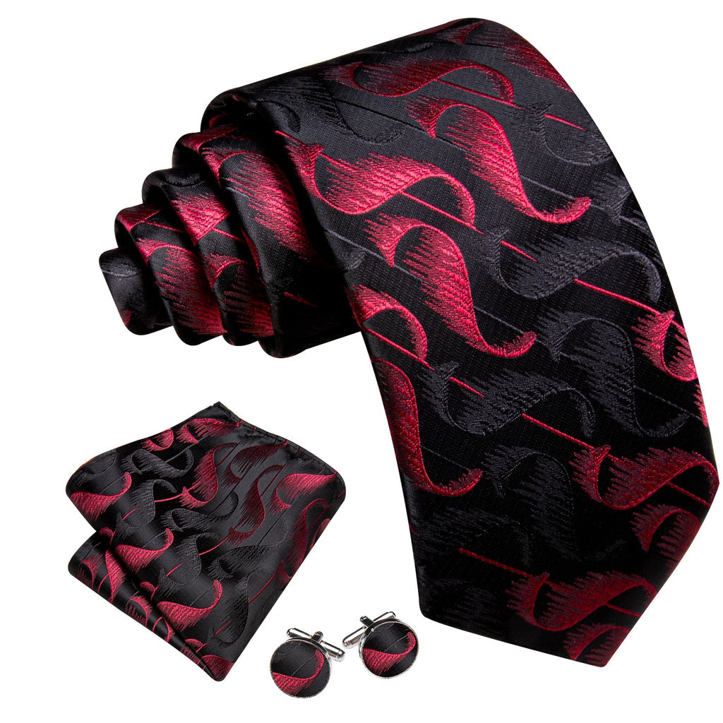 Black Red Jacquard Pattern Novelty Tie, Pocket Square and Cufflinks Set tie sets - Sophisticated Gentlemen
