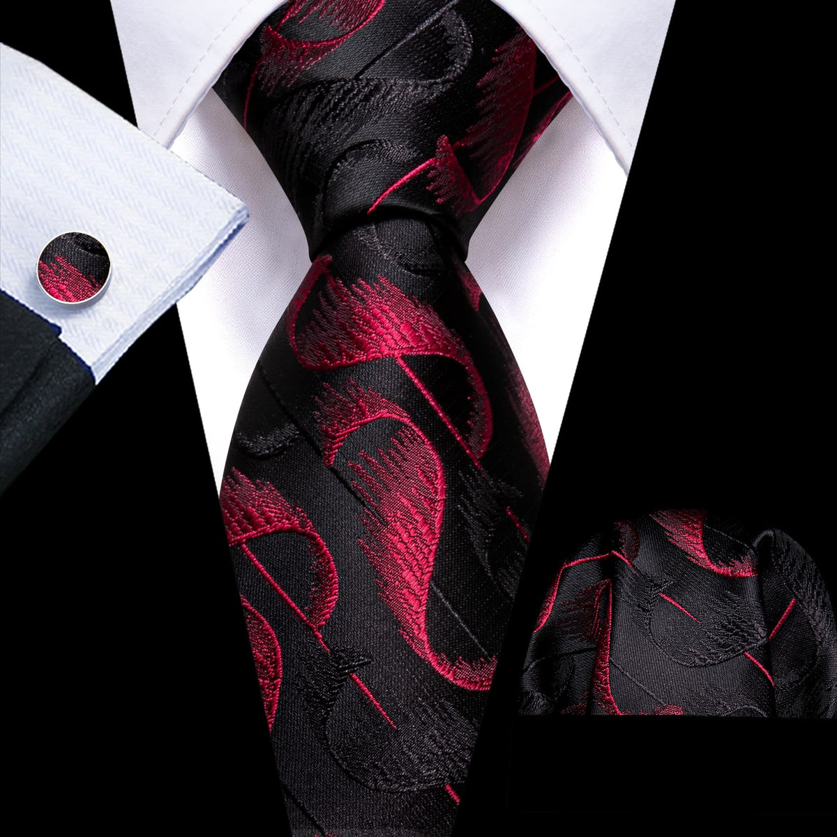Black Red Jacquard Pattern Novelty Tie, Pocket Square and Cufflinks Set tie sets - Sophisticated Gentlemen