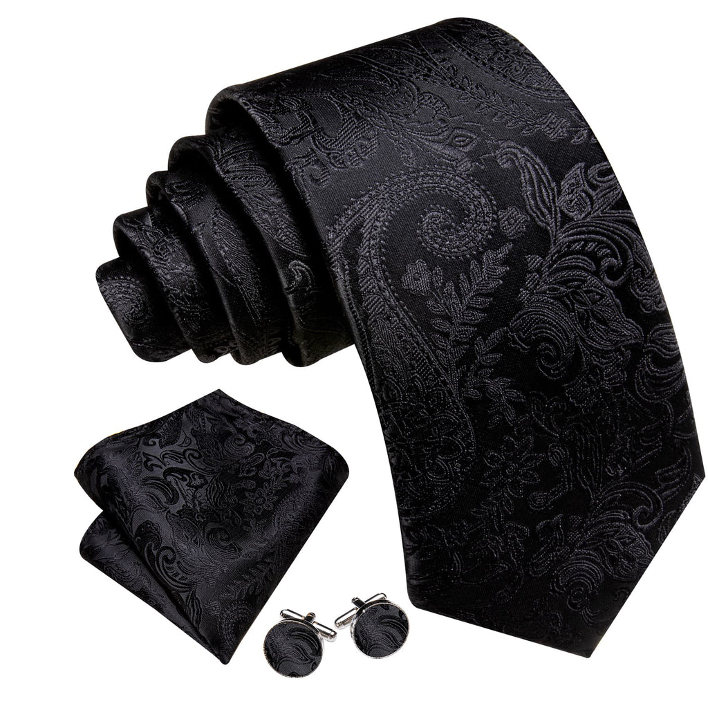 Black Jacquard Floral Pattern Tie, Pocket Square and Cufflinks Set tie sets - Sophisticated Gentlemen