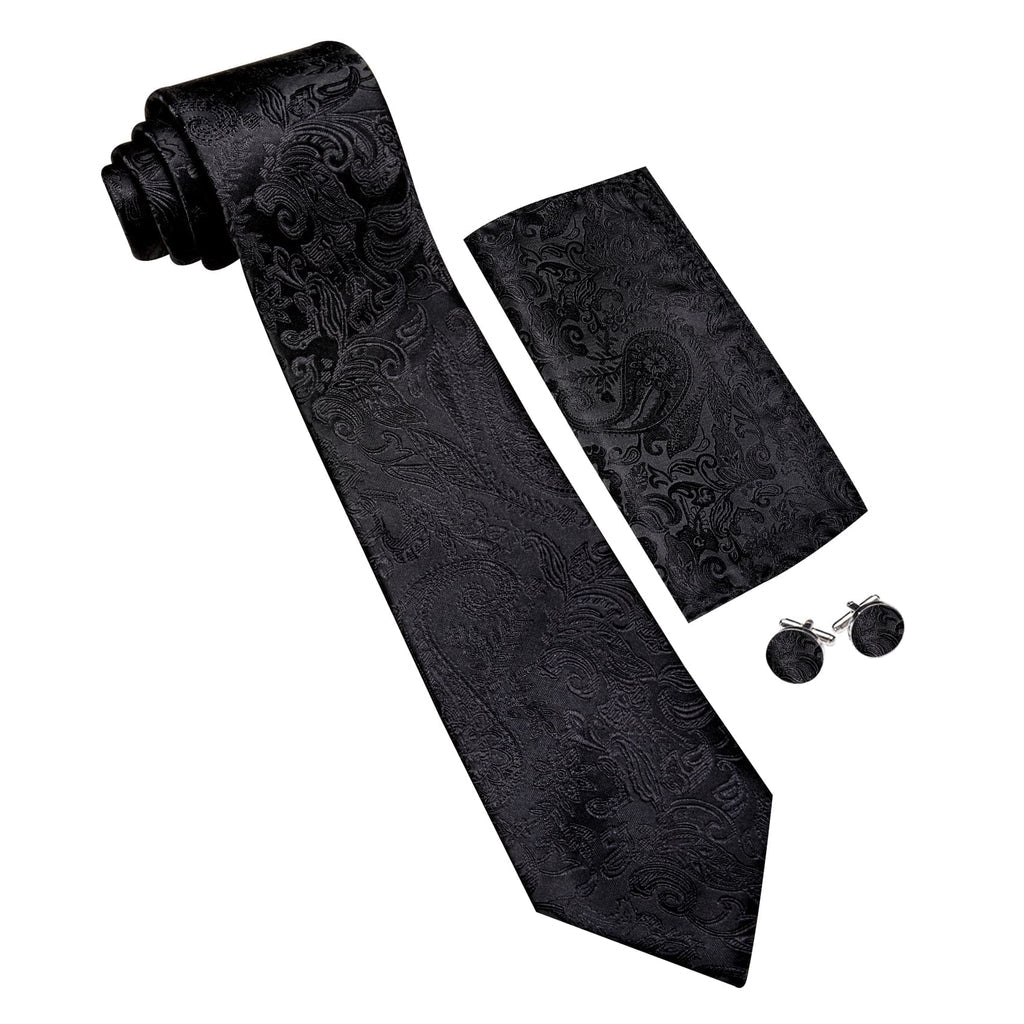 Black Jacquard Floral Pattern Tie, Pocket Square and Cufflinks Set tie sets - Sophisticated Gentlemen