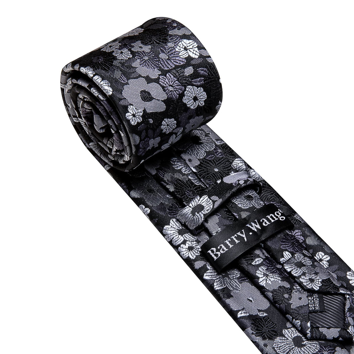 Black Gray Jacquard Floral Pattern Tie, Pocket Square and Cufflinks Set tie sets - Sophisticated Gentlemen