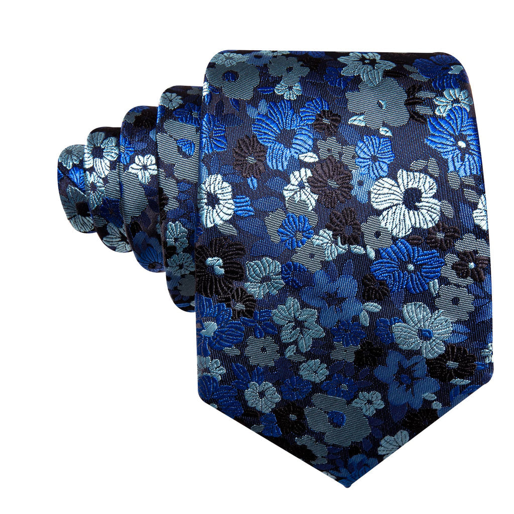 Blue Silver Jacquard Floral Pattern Tie, Pocket Square and Cufflinks Set tie sets - Sophisticated Gentlemen