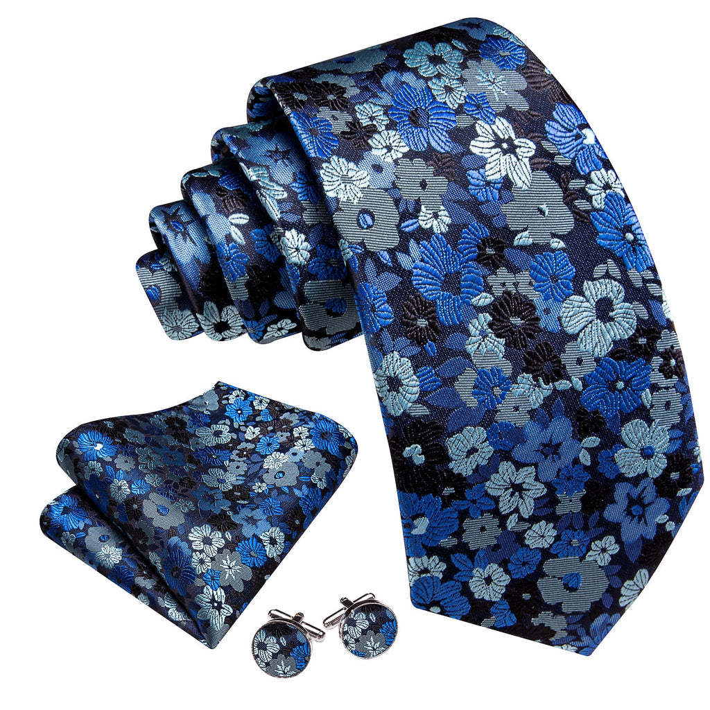 Blue Silver Jacquard Floral Pattern Tie, Pocket Square and Cufflinks Set tie sets - Sophisticated Gentlemen