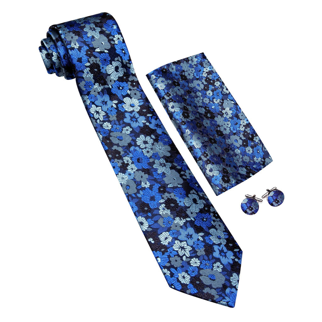Blue Silver Jacquard Floral Pattern Tie, Pocket Square and Cufflinks Set tie sets - Sophisticated Gentlemen