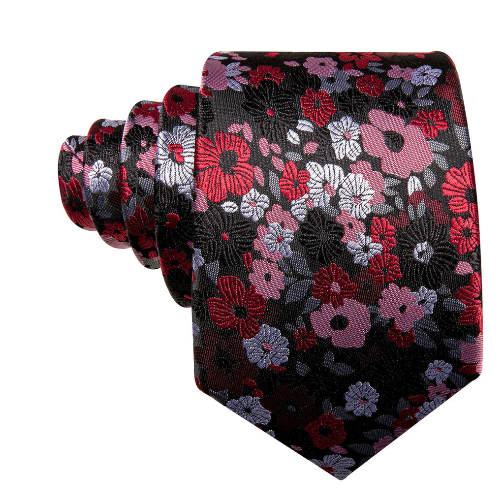 Black Red Jacquard Floral Pattern Tie, Pocket Square and Cufflinks Set tie sets - Sophisticated Gentlemen