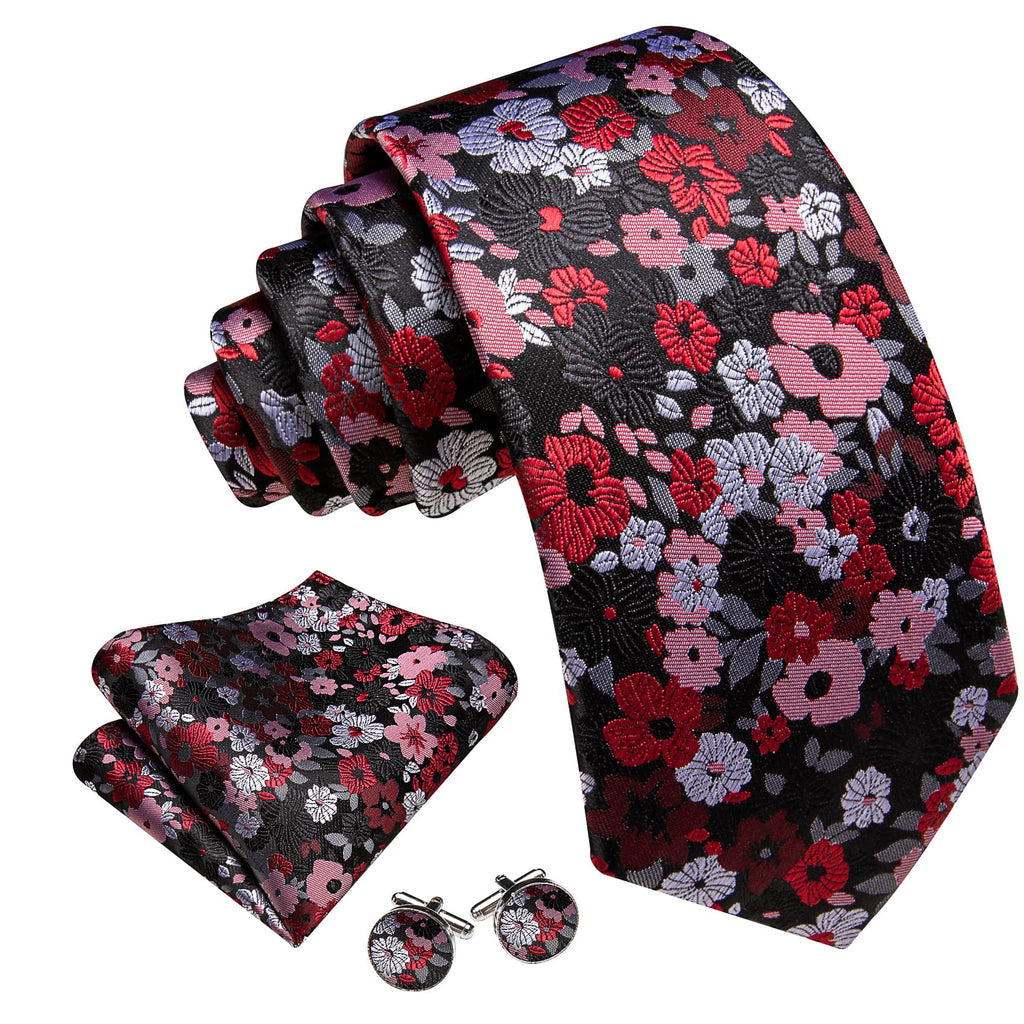 Black Red Jacquard Floral Pattern Tie, Pocket Square and Cufflinks Set tie sets - Sophisticated Gentlemen