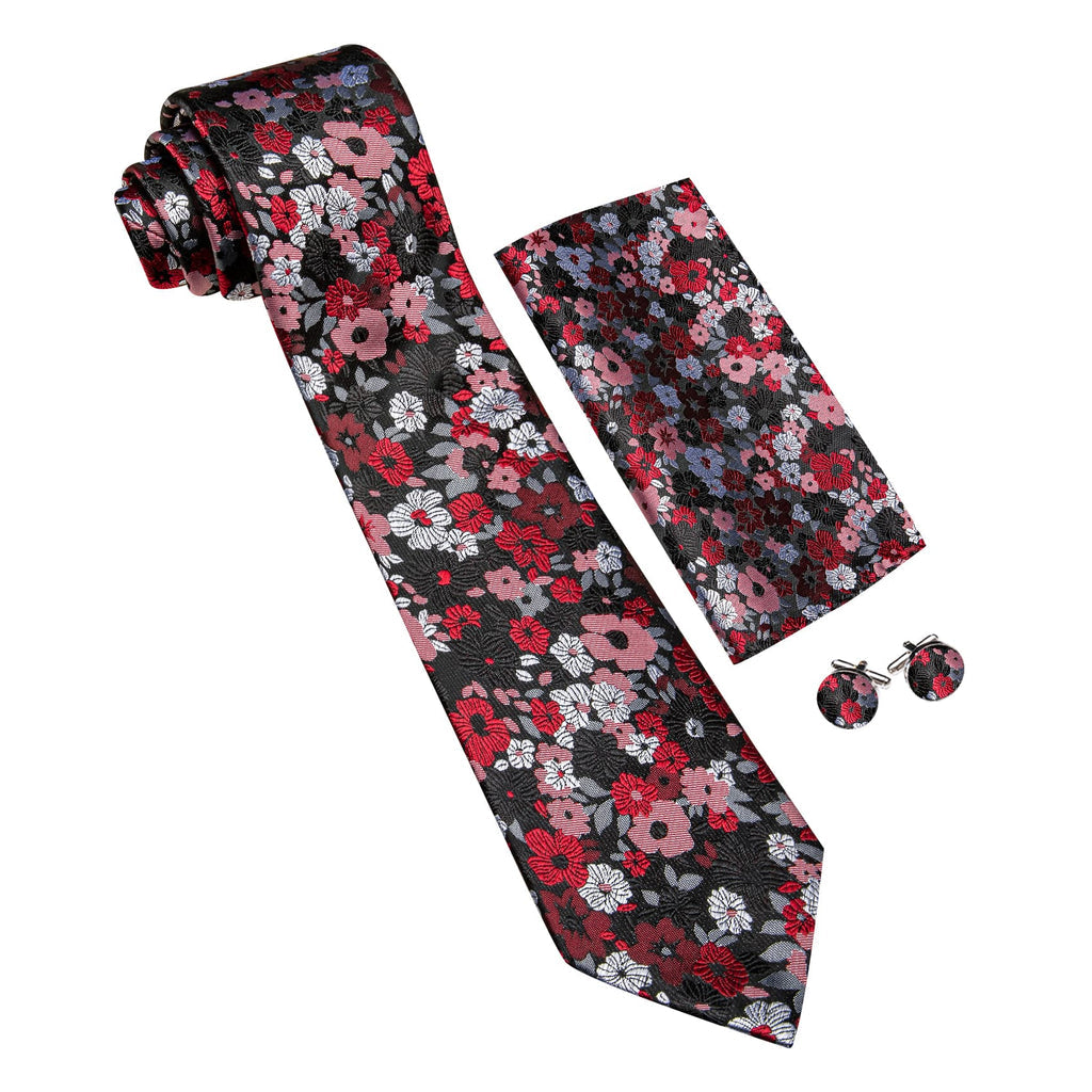 Black Red Jacquard Floral Pattern Tie, Pocket Square and Cufflinks Set tie sets - Sophisticated Gentlemen