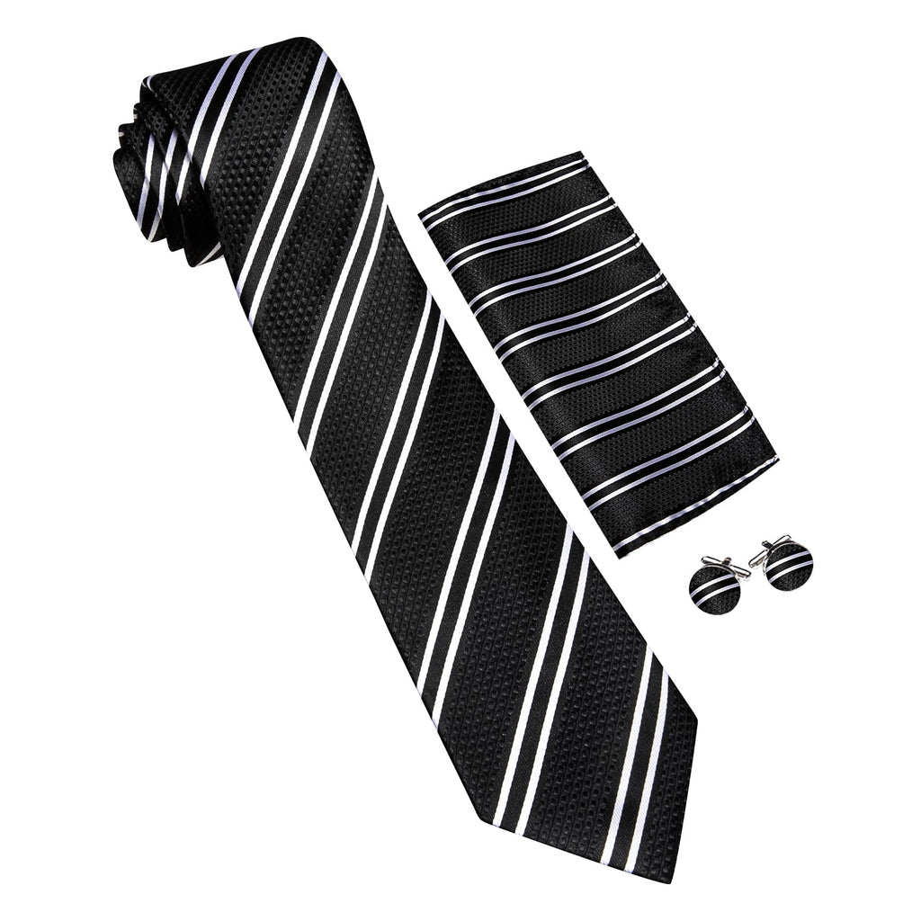 Black Striped Tie, Pocket Square and Cufflinks Set tie sets - Sophisticated Gentlemen