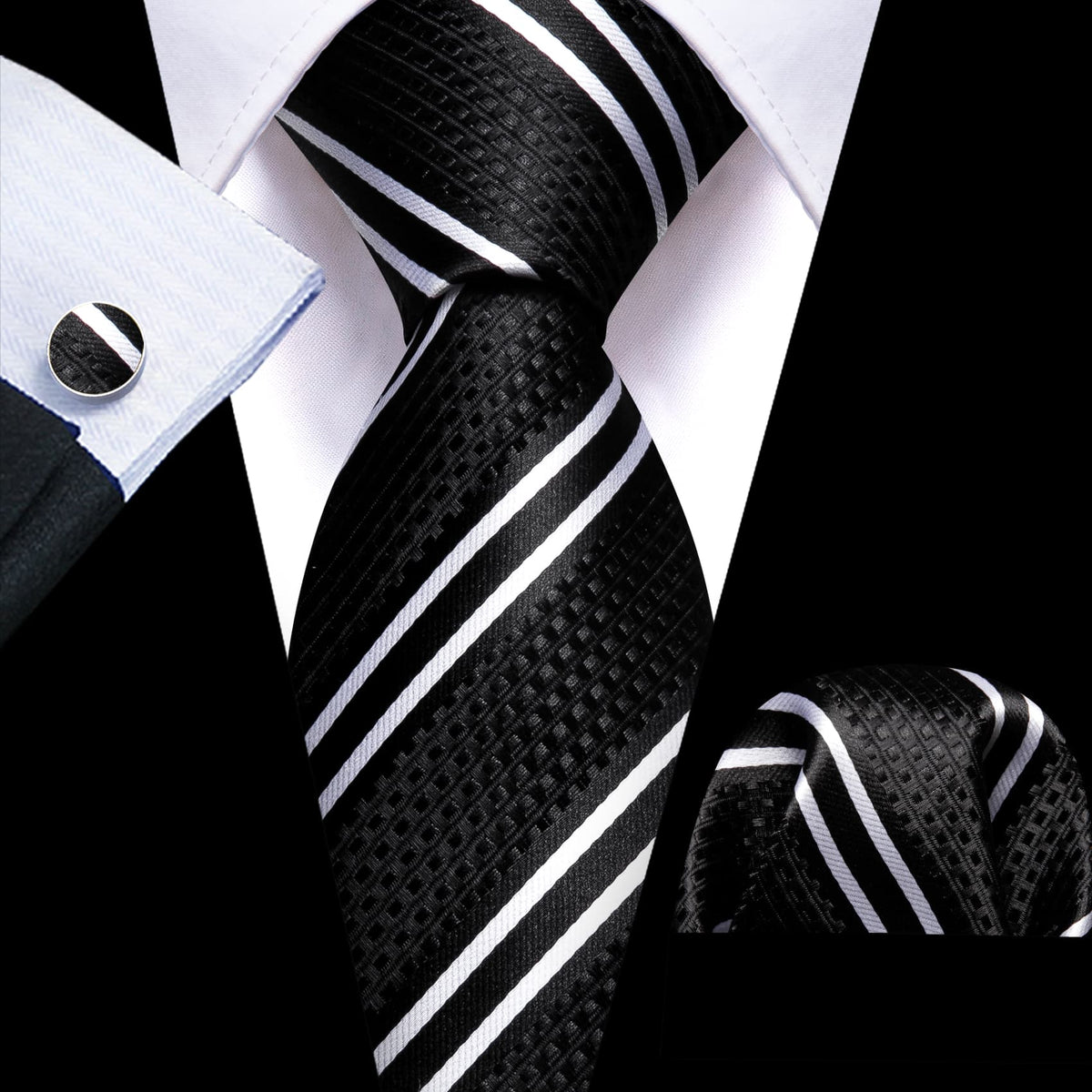 Black Striped Tie, Pocket Square and Cufflinks Set tie sets - Sophisticated Gentlemen