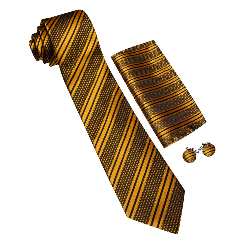 Gold Black Striped Tie, Pocket Square and Cufflinks Set tie sets - Sophisticated Gentlemen