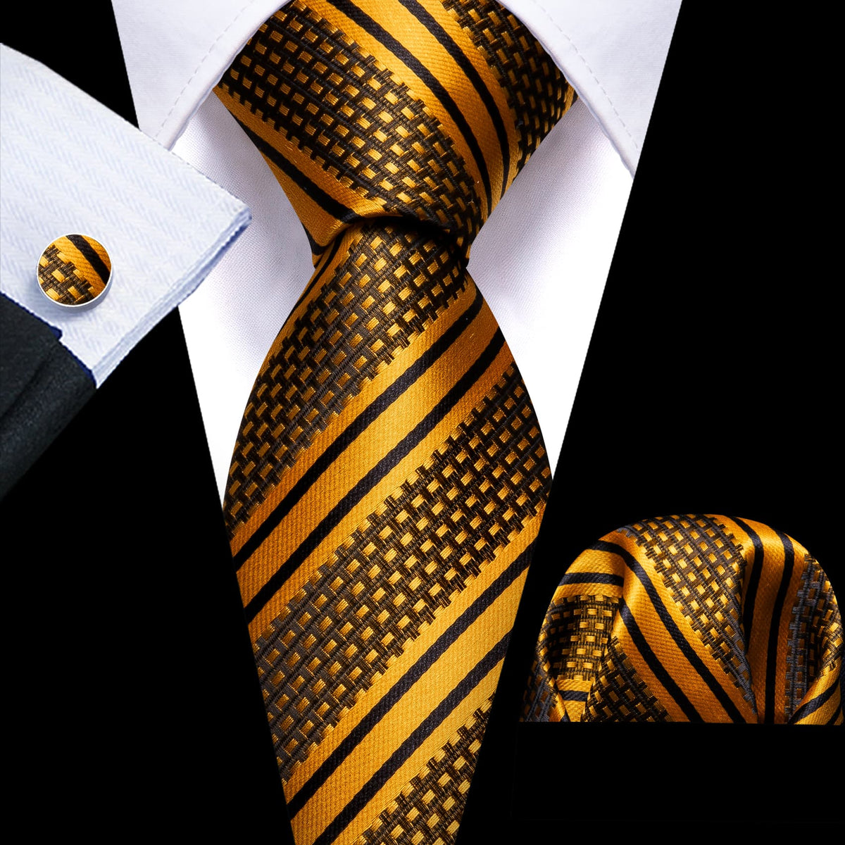Gold Black Striped Tie, Pocket Square and Cufflinks Set tie sets - Sophisticated Gentlemen