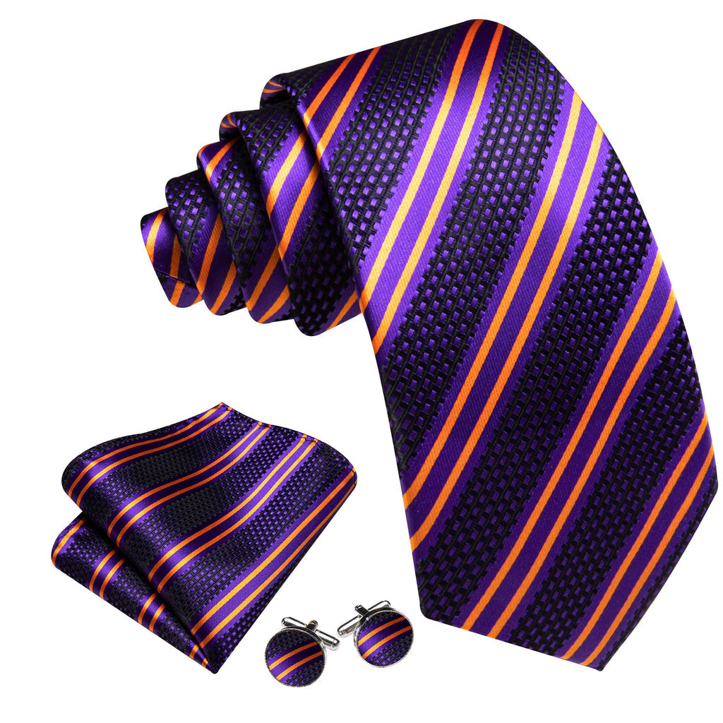 Purple Yellow Striped Tie, Pocket Square and Cufflinks Set tie sets - Sophisticated Gentlemen