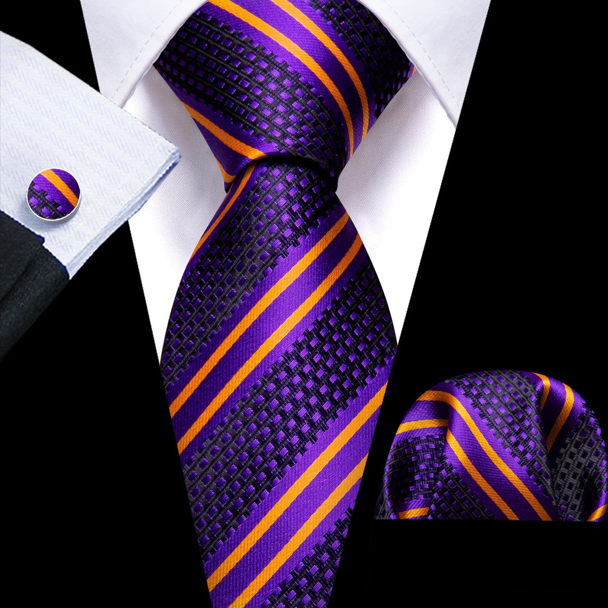 Purple Yellow Striped Tie, Pocket Square and Cufflinks Set tie sets - Sophisticated Gentlemen