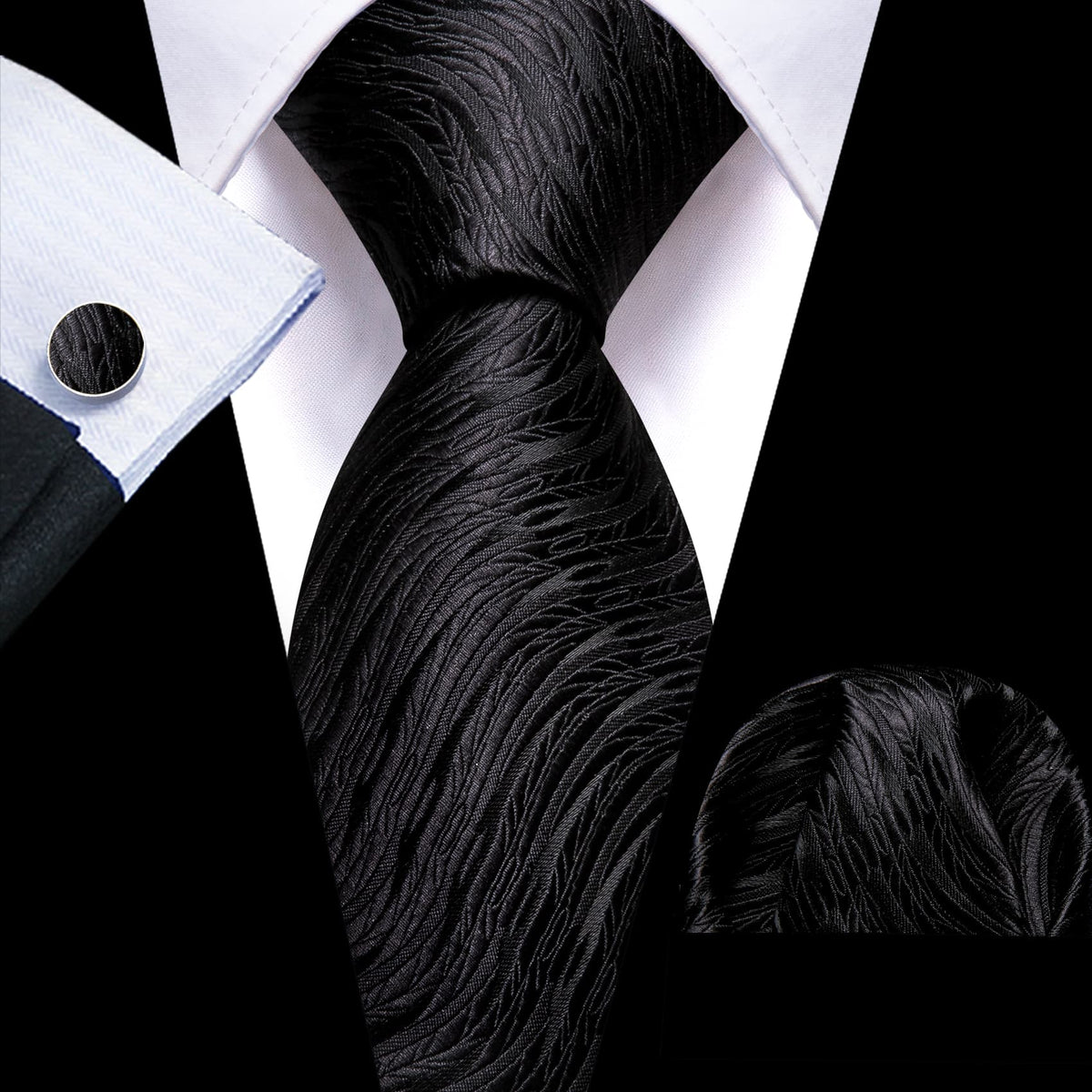 Black Geometric Tie, Pocket Square and Cufflinks Set tie sets - Sophisticated Gentlemen