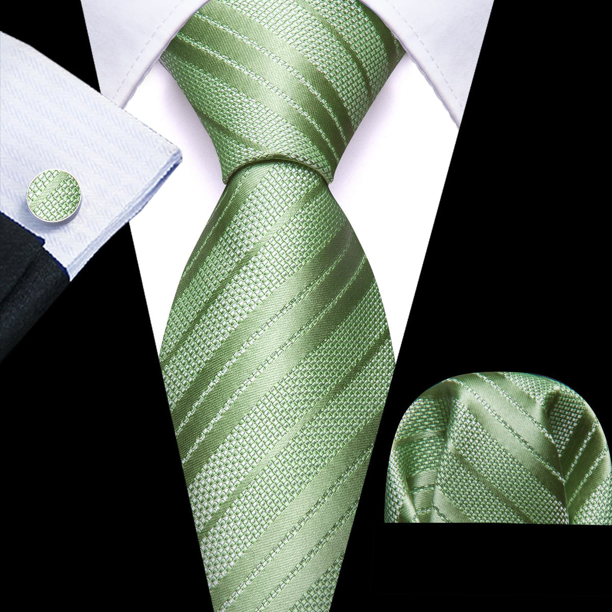 Aquamarine Green Striped Tie, Pocket Square and Cufflinks Set tie sets - Sophisticated Gentlemen
