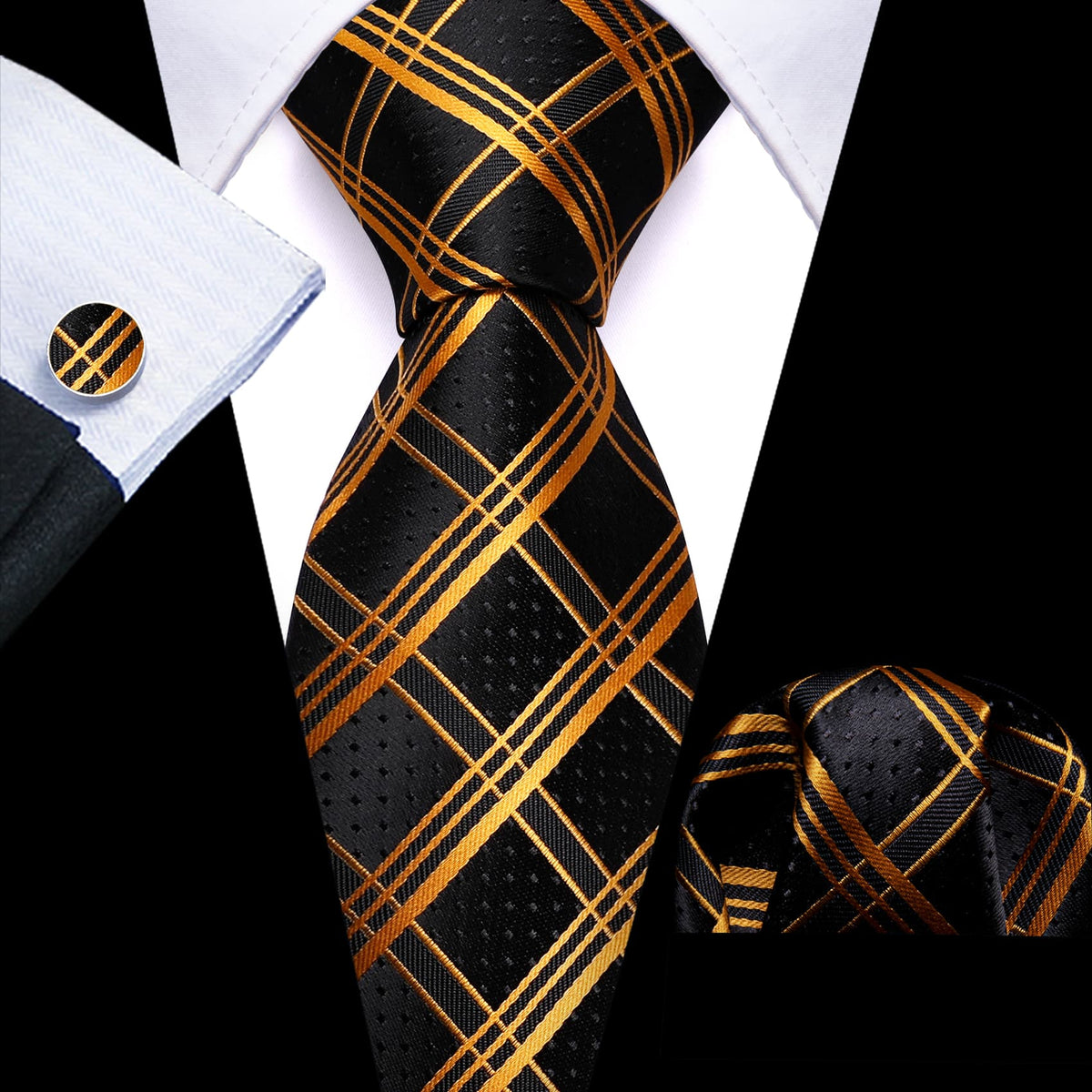 Black Gold Plaid Tie, Pocket Square and Cufflinks Set Black Gold Plaid Tie, Pocket Square and Cufflinks Set