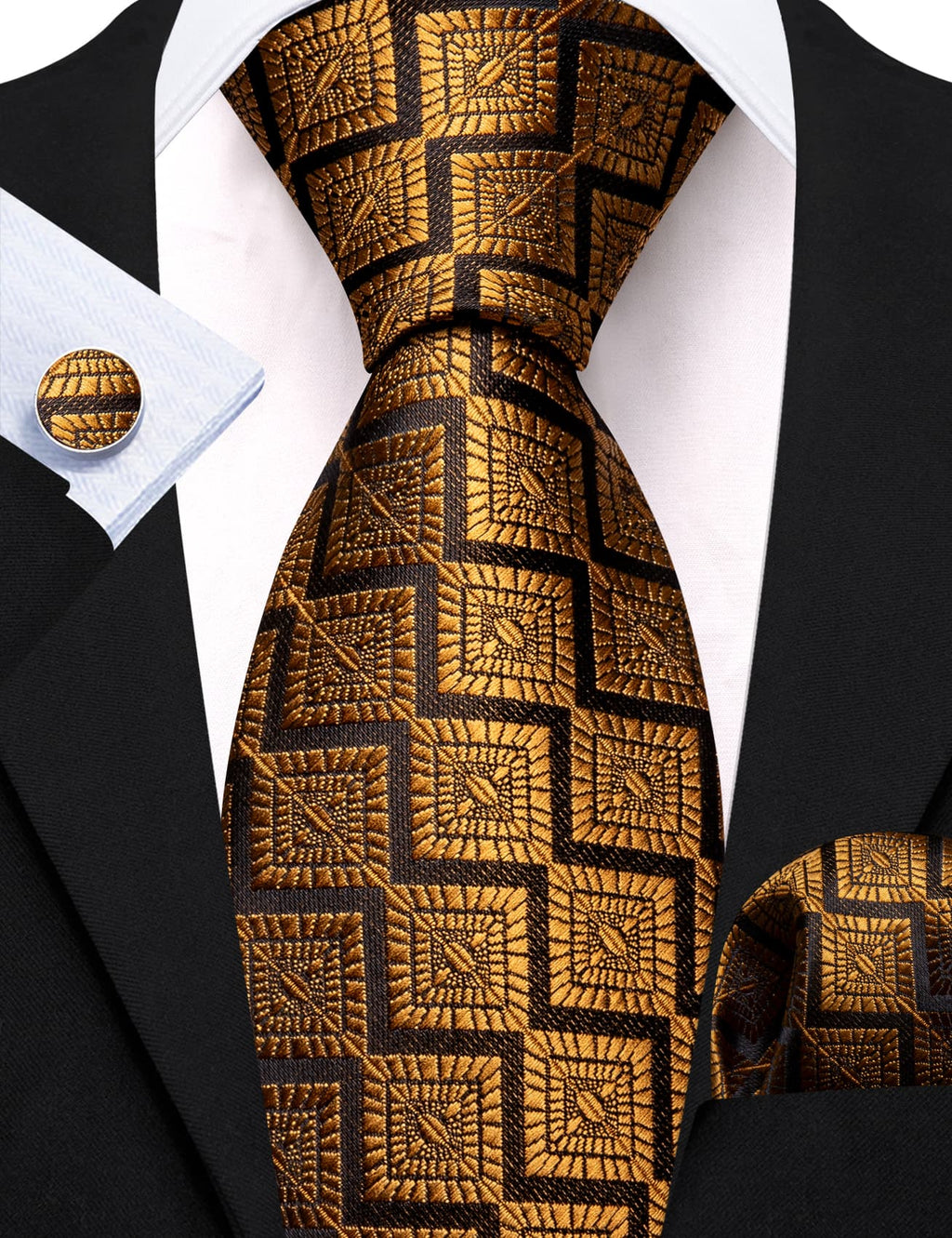 Black Gold Jacquard Novelty Tie, Pocket Square and Cufflinks Set tie sets - Sophisticated Gentlemen