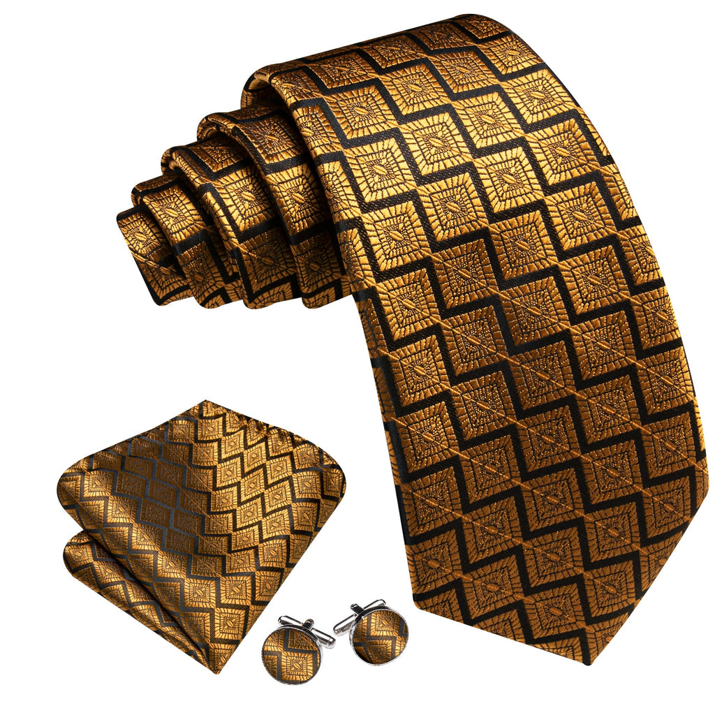 Black Gold Jacquard Novelty Tie, Pocket Square and Cufflinks Set tie sets - Sophisticated Gentlemen