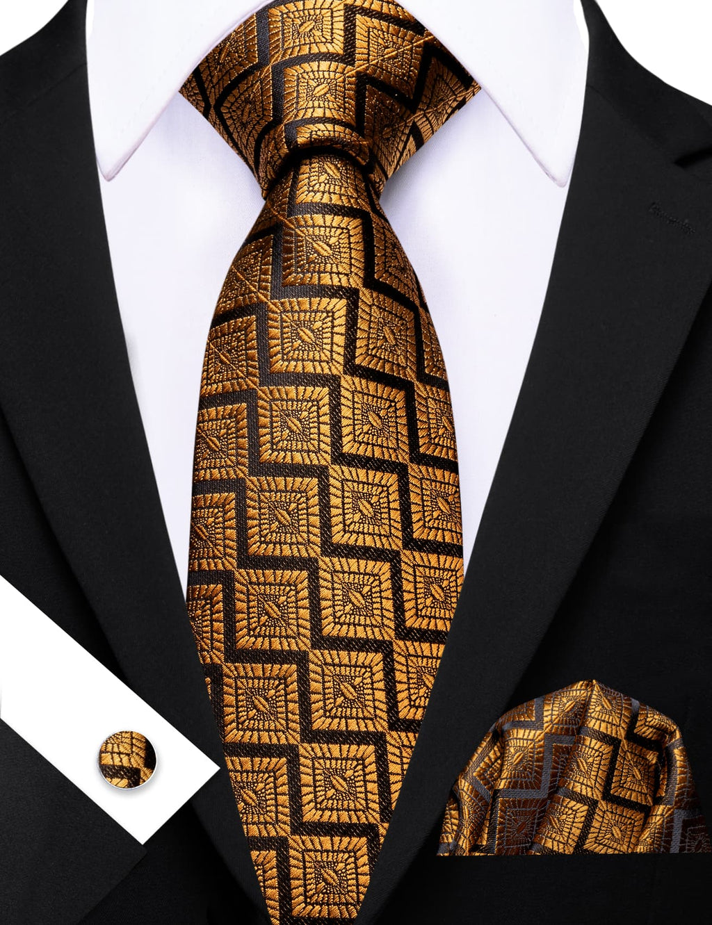 Black Gold Jacquard Novelty Tie, Pocket Square and Cufflinks Set tie sets - Sophisticated Gentlemen