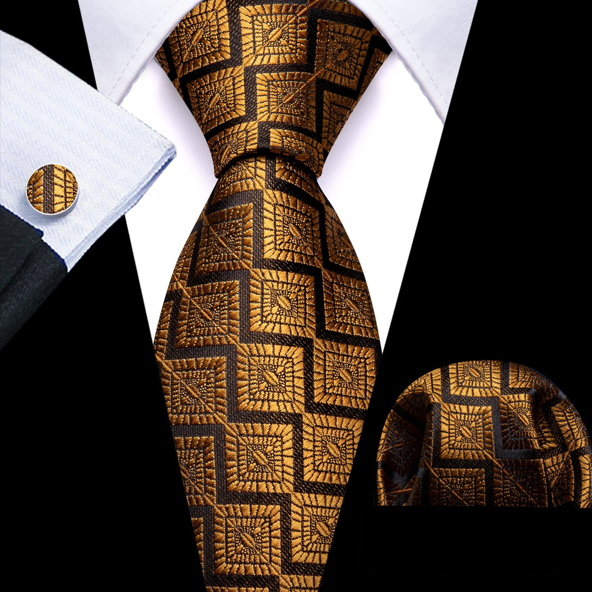 Black Gold Jacquard Novelty Tie, Pocket Square and Cufflinks Set tie sets - Sophisticated Gentlemen
