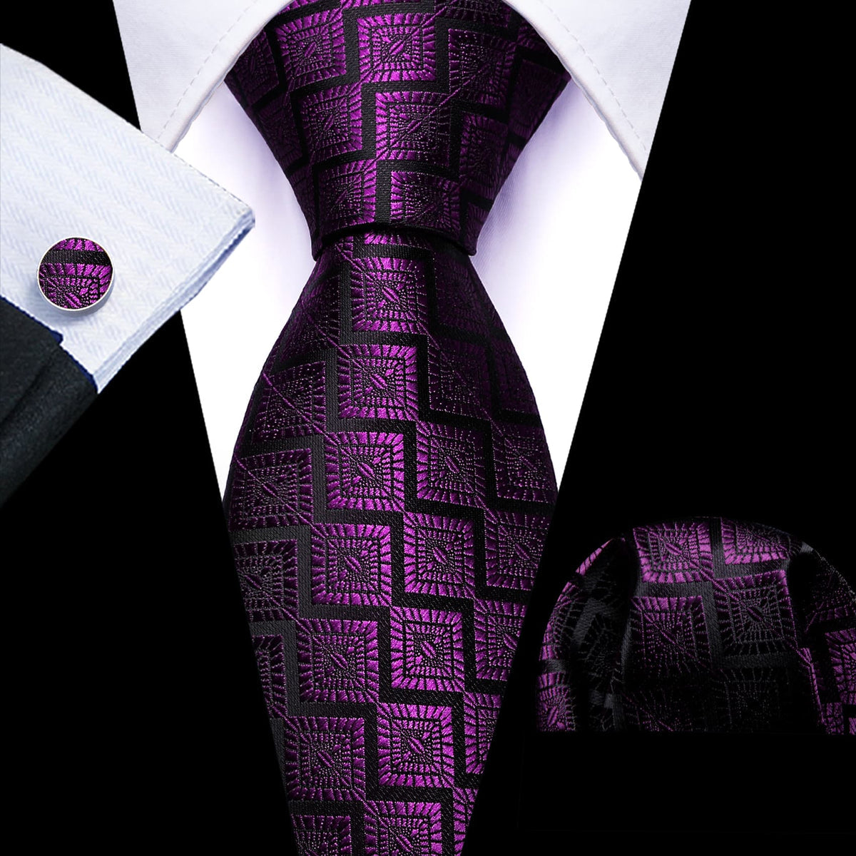 Imperial Purple Geometric Jacquard Tie, Pocket Square, and Cufflinks Set tie sets - Sophisticated Gentlemen